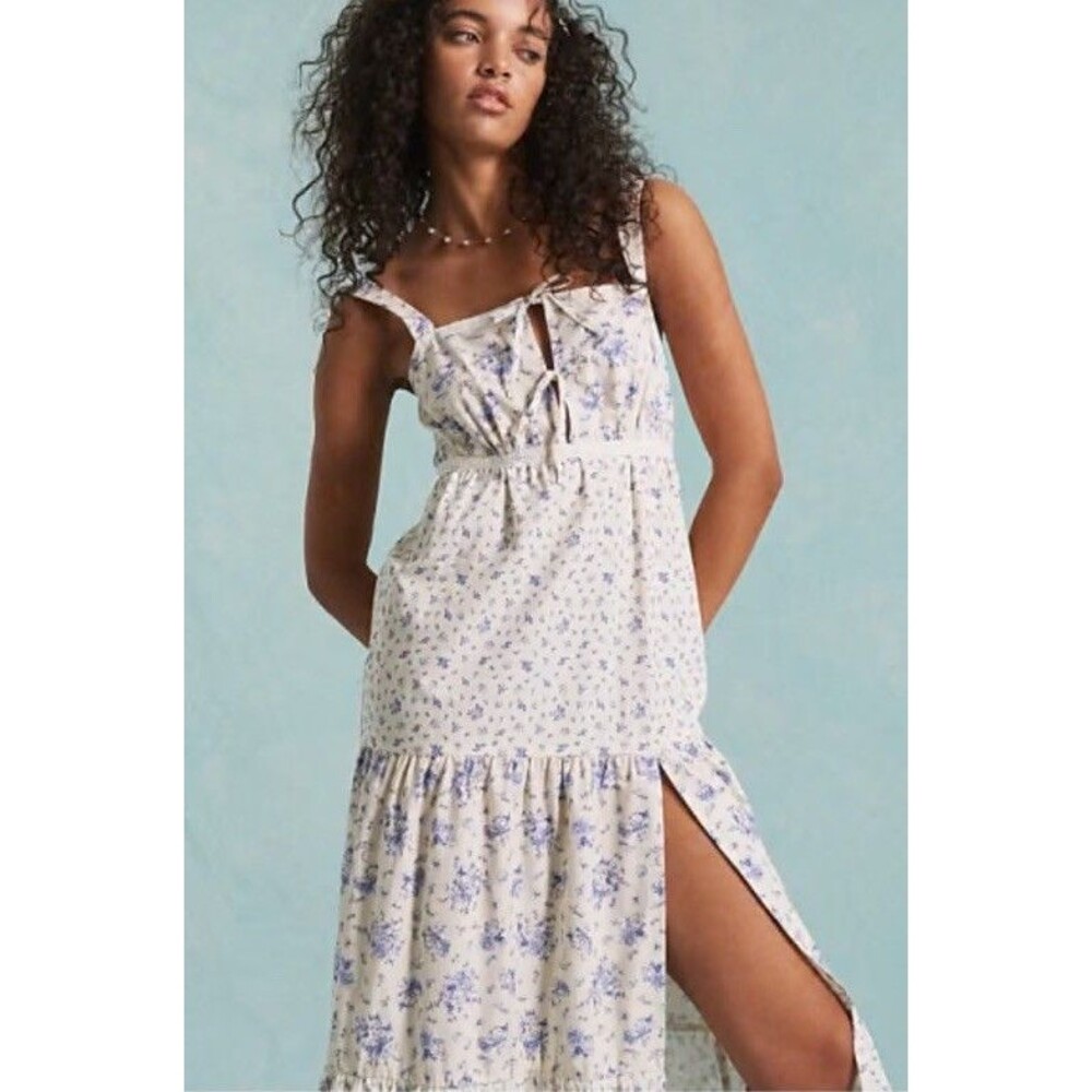 Miss Selfridge Cream Midi Dress with Blue Floral Print